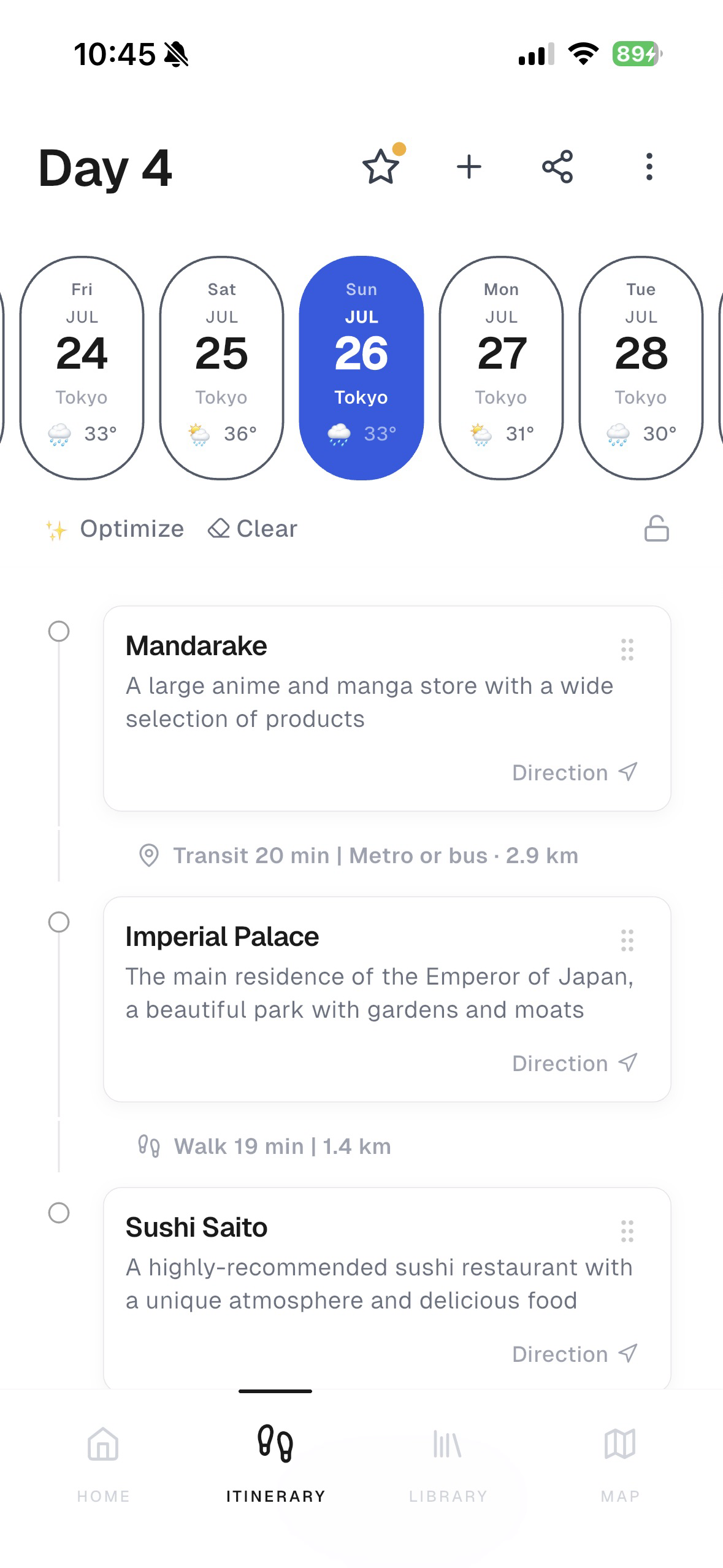 Nomo app: day-by-day itinerary with stops and transit times