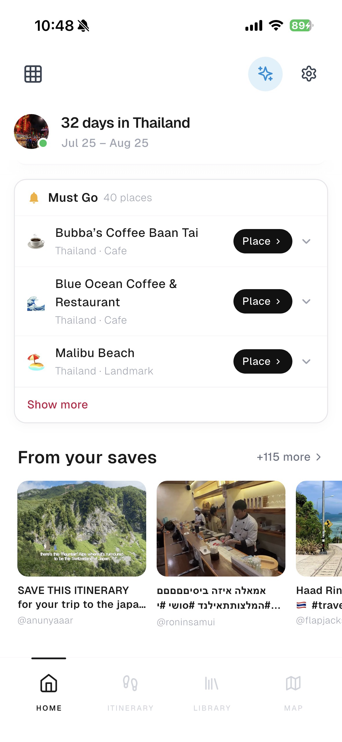 Nomo app: home screen with must-go places and saved links